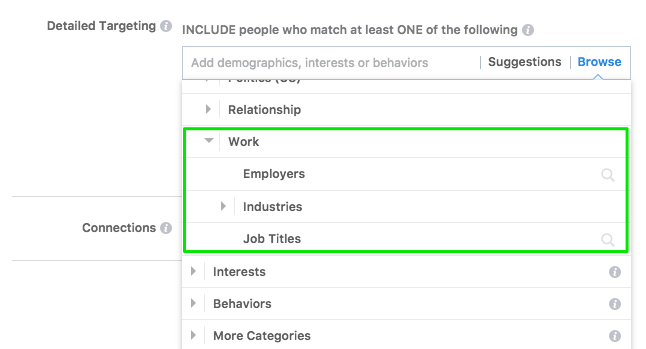 Opción de segmentación por "empleador" en Facebook Ads