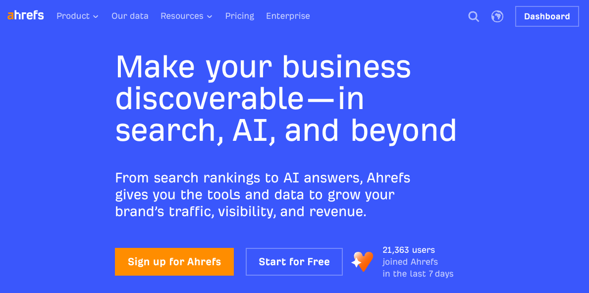 Página de inicio de ahrefs