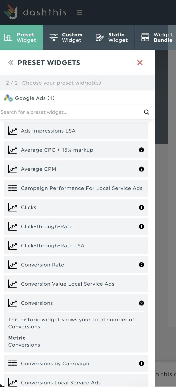 widgets preestablecidos de dashthis
