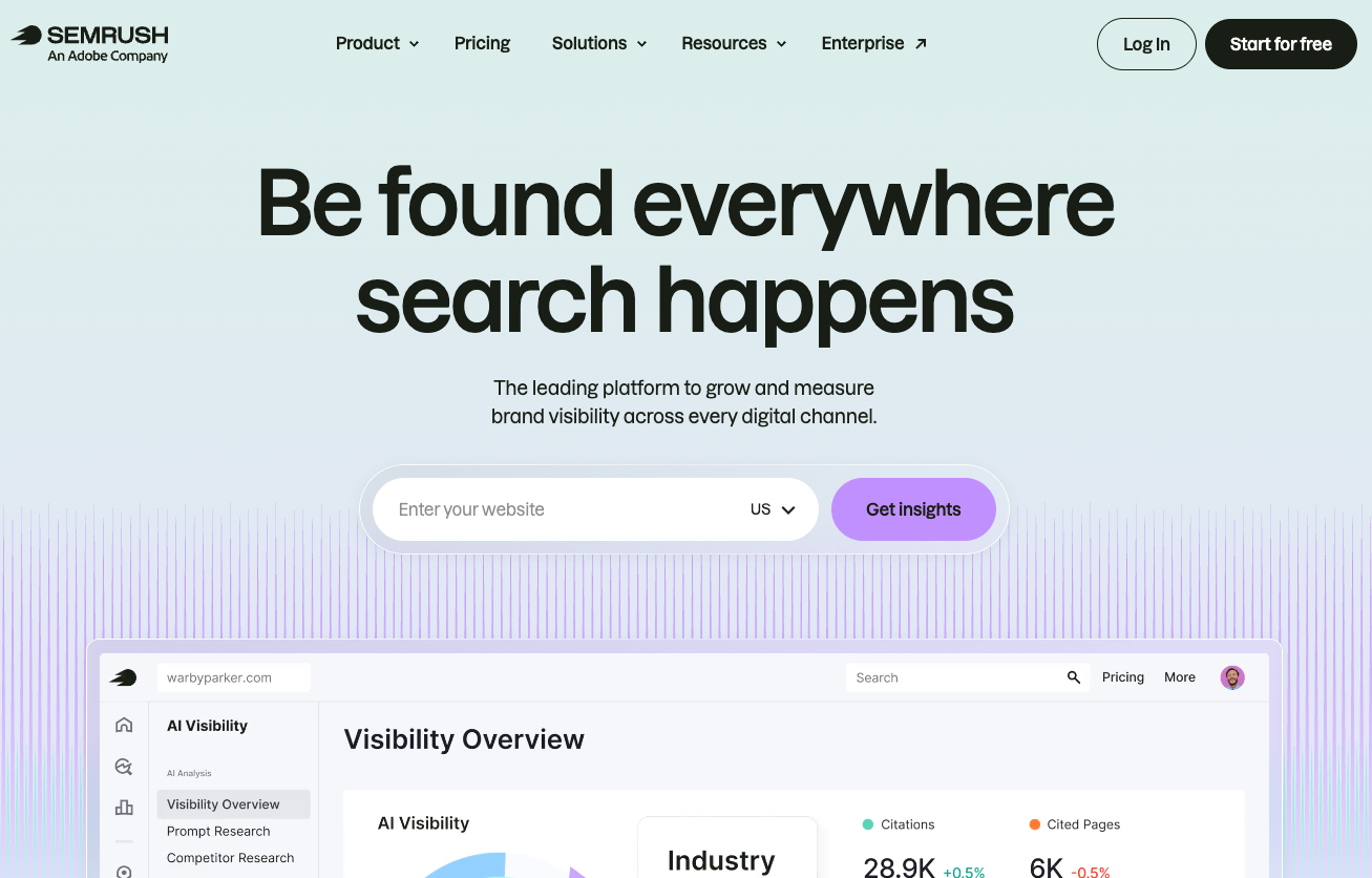 Página de inicio de Semrush, en la que se muestra su «Resumen de visibilidad con IA», con menciones de la marca y citas