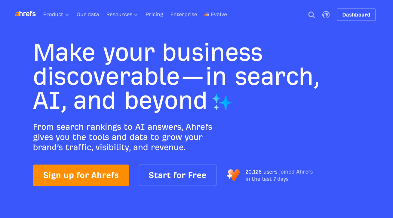 Página de inicio de Ahrefs, en la que se promocionan herramientas que permiten que una empresa sea más visible en los motores de búsqueda y en las respuestas generadas por IA
