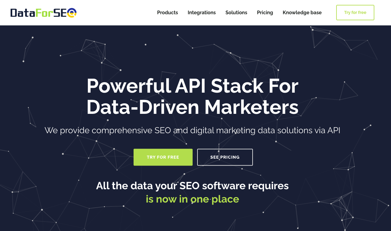 Página de inicio de DataForSEO, en la que se presenta su conjunto de API de datos de SEO y marketing