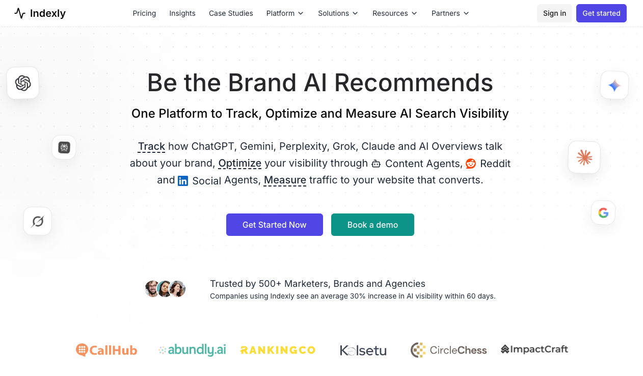 Página de inicio de Indexly, que muestra el seguimiento de la visibilidad en búsquedas con IA en ChatGPT, Gemini y Perplexity