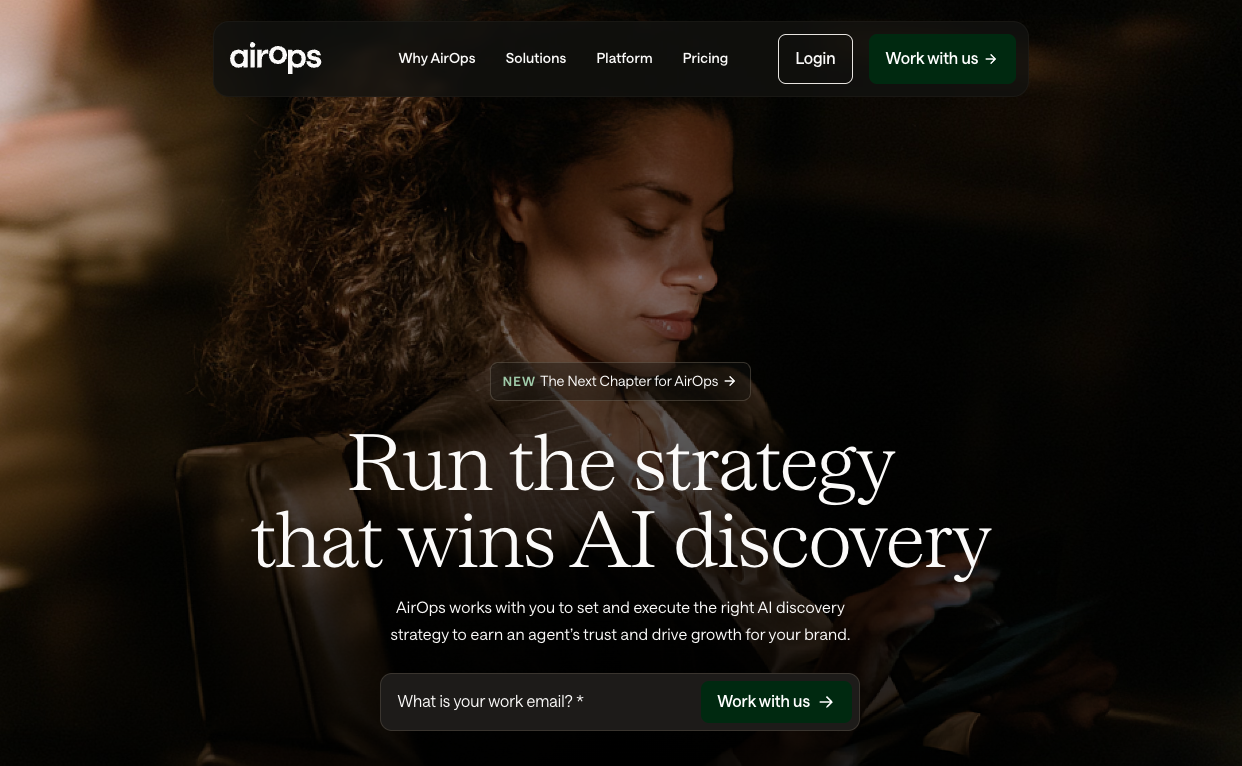 Página de inicio de AirOps, que promueve la ejecución de la estrategia de descubrimiento de IA para las marcas